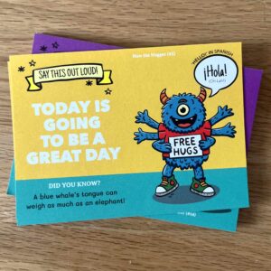 A notelet designed for school age children. Image shows a playful illustrated monster, a mantra, a joke.